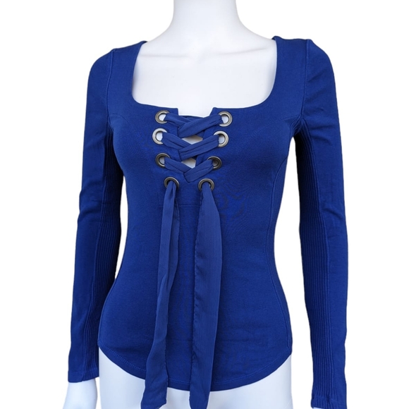 Free People Looking Back Blue Cobalt Long Sleeve Lace-Up Top - Picture 7 of 10